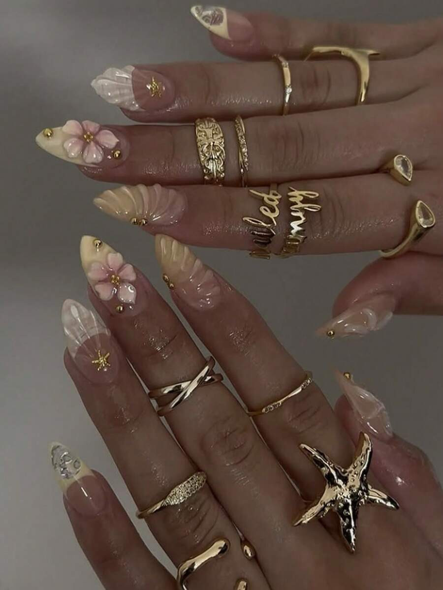 Pure Handmade Nails 3D Flower Nails Yellow Summer Beach Nails 3D Shell Starfish Aura Nail Water N... | SHEIN