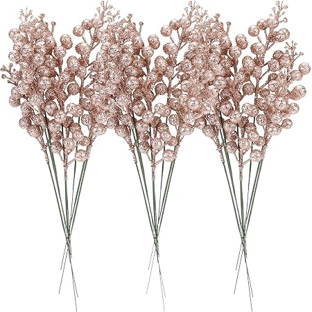 Artificial Rose Gold Berry Stems, 24 Pack 8.5" Christmas Glitter Berries Stems Artificial Fruit B... | Amazon (US)