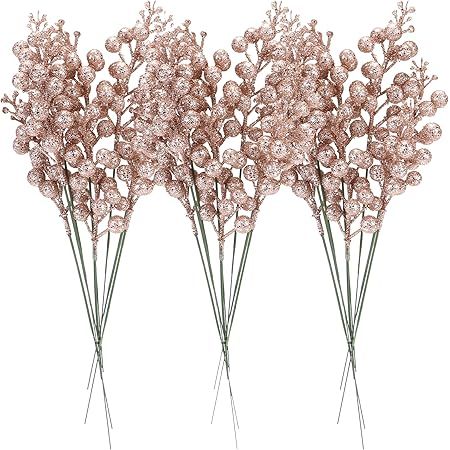 Artificial Rose Gold Berry Stems, 24 Pack 8.5" Christmas Glitter Berries Stems Artificial Fruit B... | Amazon (US)