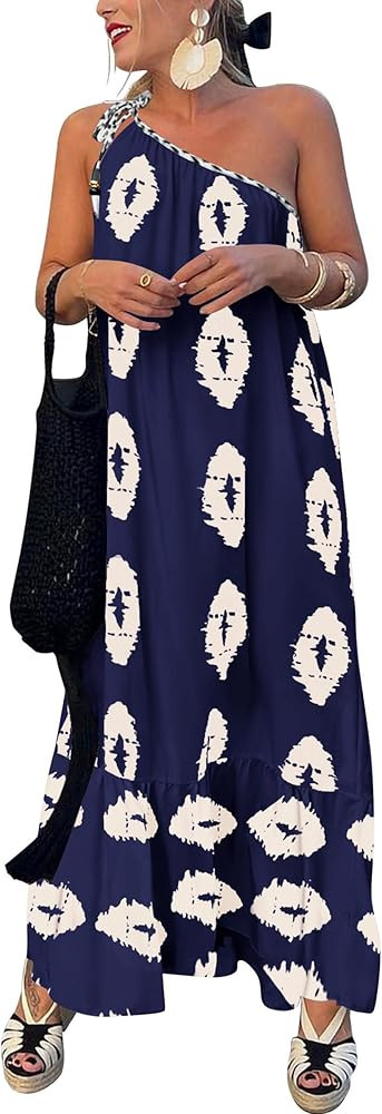 PRETTYGARDEN Women's 2026 Summer One Shoulder Maxi Dress Printed Flowy Boho Long Sundresses Sprin... | Amazon (US)