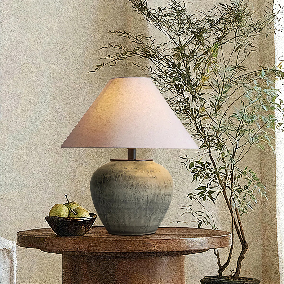 Handcrafted Earthenware Table Lamp With Linen Shade – Rustic Farmhouse Accent Lamp With Include... | Wayfair North America
