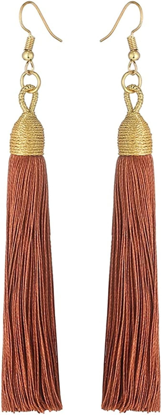 KLFrogPond Boho Thread Long Tassel Dangle Drop Colorful Fringe Earrings Silk Fabric Ethnic Vintag... | Amazon (US)