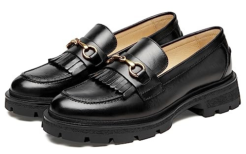 Journey West Genuine Leather Slip on Dress Shoes for Women Tassel Chunky Loafers for Women Black US 7.5 | Amazon (US)
