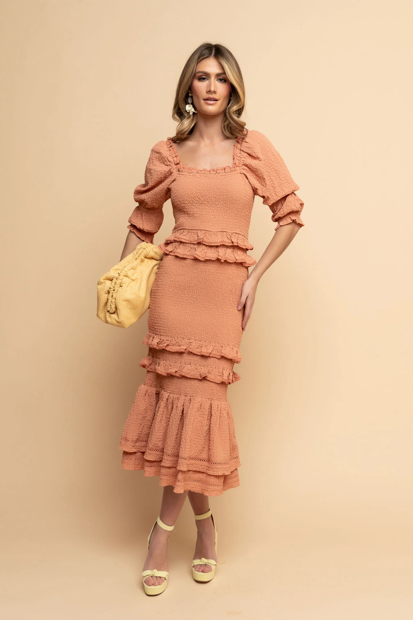 Bubble Crepe Midi Dress - Dusty Peach | Rachel Parcell