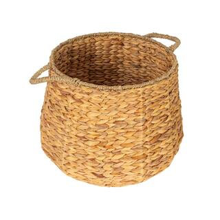 HOUSEHOLD ESSENTIALS Natural Round Handwoven Water Hyacinth and Seagrass Basket with Handles HE11... | The Home Depot
