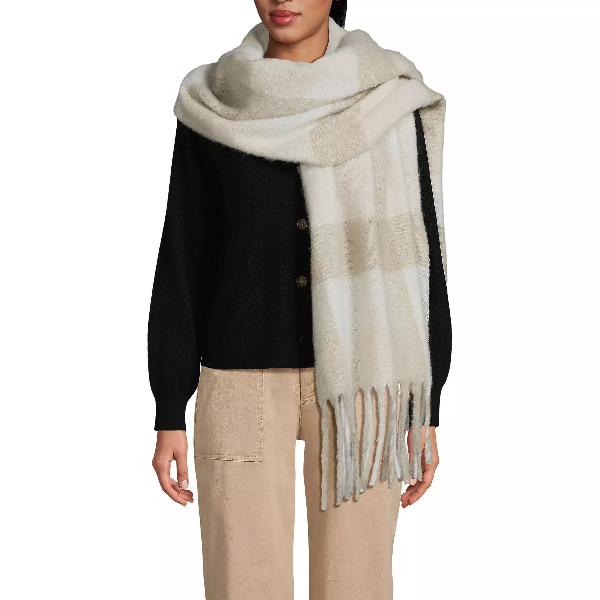 Lands' End Brushed Blanket Scarf - One Size Fits Most - Antique Alabaster Check | Target