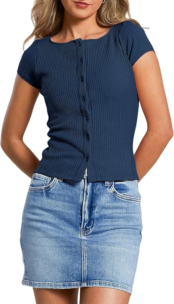 Dqbeng Women's Summer Button Down Shirts Lightweight Short Sleeve Ribbed Cardigan Slim Fit Base L... | Amazon (US)