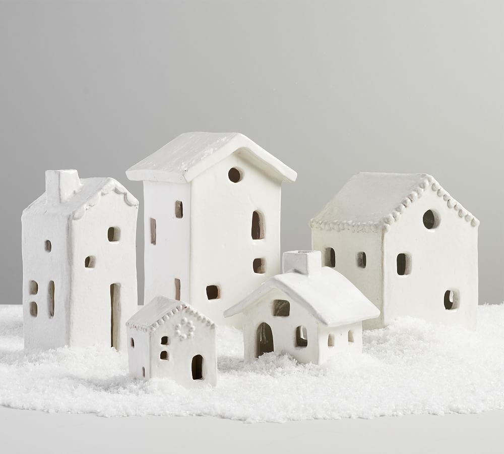 Ceramic Christmas Village Houses, Set of 5, Ivory | Pottery Barn (US)
