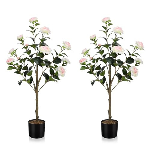 HMASYO 36 inch Artificial Camellia Flower Tree Set of 2, Potted Fake Flowering Plants Blooming Camellia Tree, UV Resistant Artificial Plants for Indoor Outdoor Home Front Porch Garden Decor | Amazon (US)