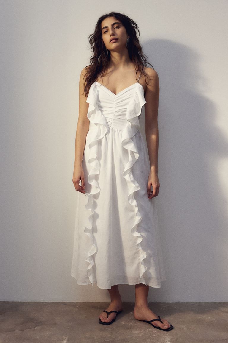 Linen-blend Ruffle-trimmed Dress - White - Ladies | H&M US | H&M (US + CA)