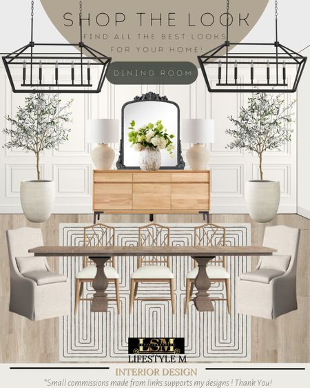 Modern farmhouse, transitional dining room idea. Wood dining table, wood upholstered dining chair, fabric dining chair, modern stripped rug, wood buffet console table, table lamp, terracotta vase, terracotta tree planter pot, realistic faux fake tree, black rectangle chandelier.

#LTKstyletip #LTKFind #LTKhome