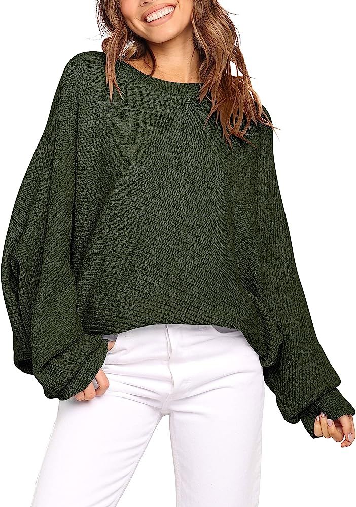 ANRABESS Women's Oversized Crewneck Sweater Batwing Puff Long Sleeve Ribbed Slouchy Pullover Sweater | Amazon (US)