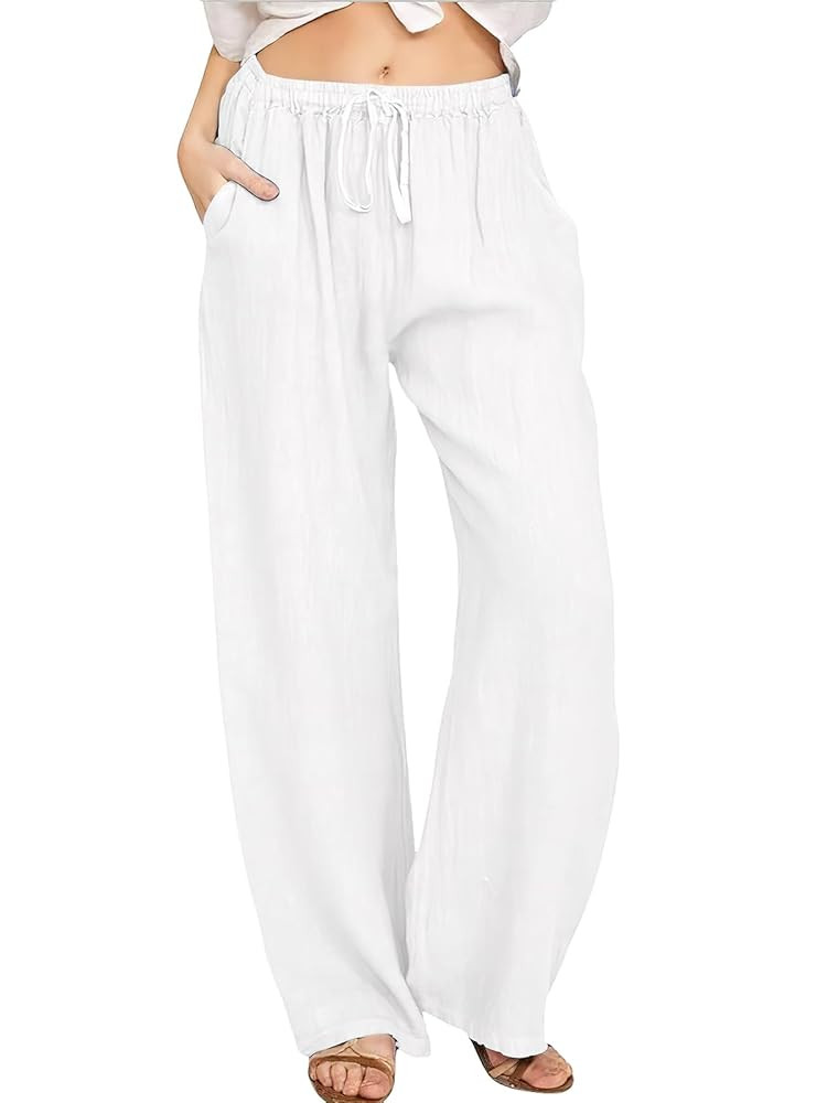 ebossy Women's Cotton Linen Pants Elastic High Waist Drawstring Wide Leg Lounge Palazzo Yoga Trou... | Amazon (CA)