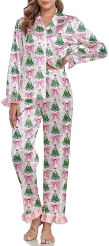 Amiblvowa Women Christmas Pajamas Nutcracker Santa Bow Xmas Tree Cute Satin Christmas Pjs Set 2 P... | Amazon (US)