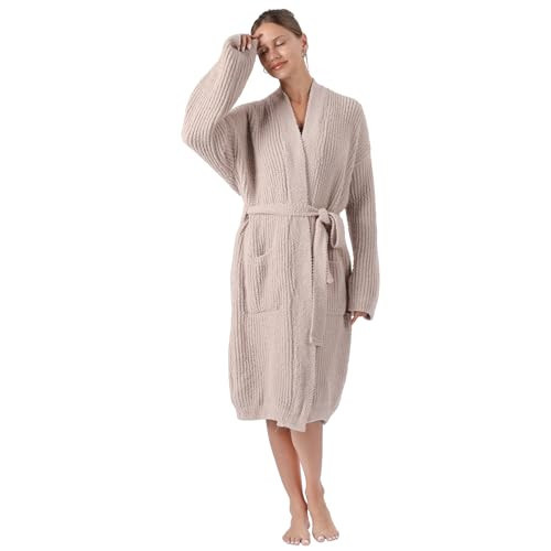 bearberry Cozy Robe Lightweight Soft Plush Robe Vertical Bar Hoodless Sleepwear Nightgown with Pockets for Women (Standard, Beige) | Amazon (US)