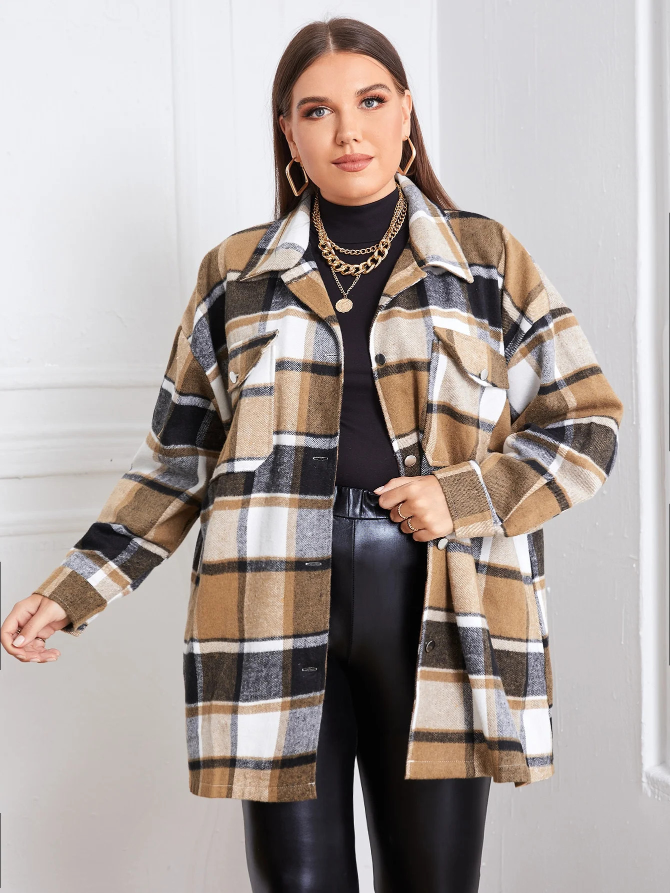 Women's Plus Size Plaid Print Button Front Coat 231614W320112 | Walmart (US)