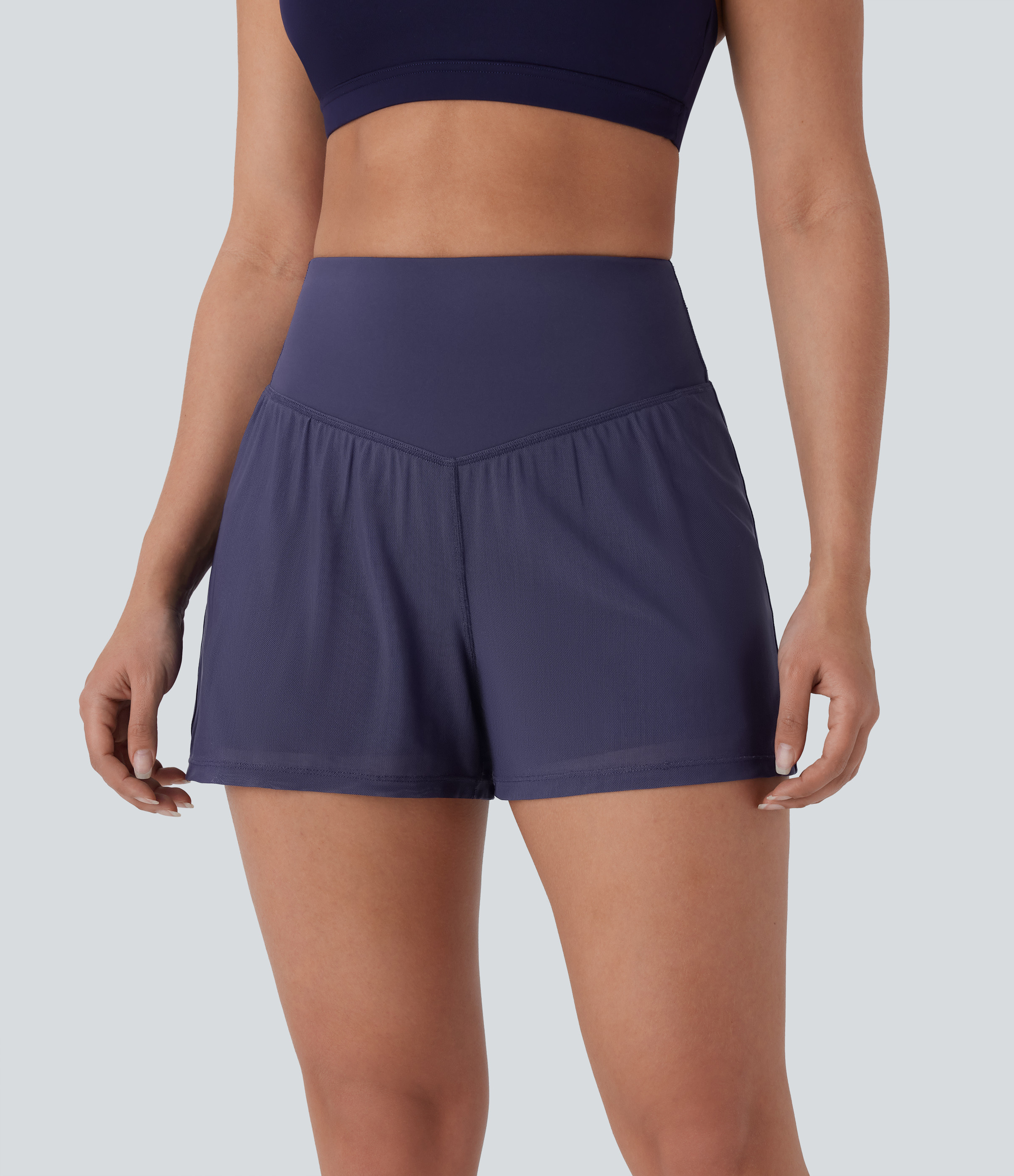 Halara High Waisted 2-in-1 Pocket Contrast Mesh Yoga Shorts 3'' Gym Short - Dark Lilac Grey - XL booty shorts compression shorts yoga shorts | HALARA