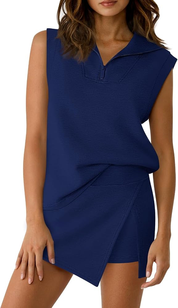 Fisoew Womens 2 Piece Skirt Sets Summer Sleeveless Half Zip Sweatshirt Athletic Skorts Tennis Out... | Amazon (US)