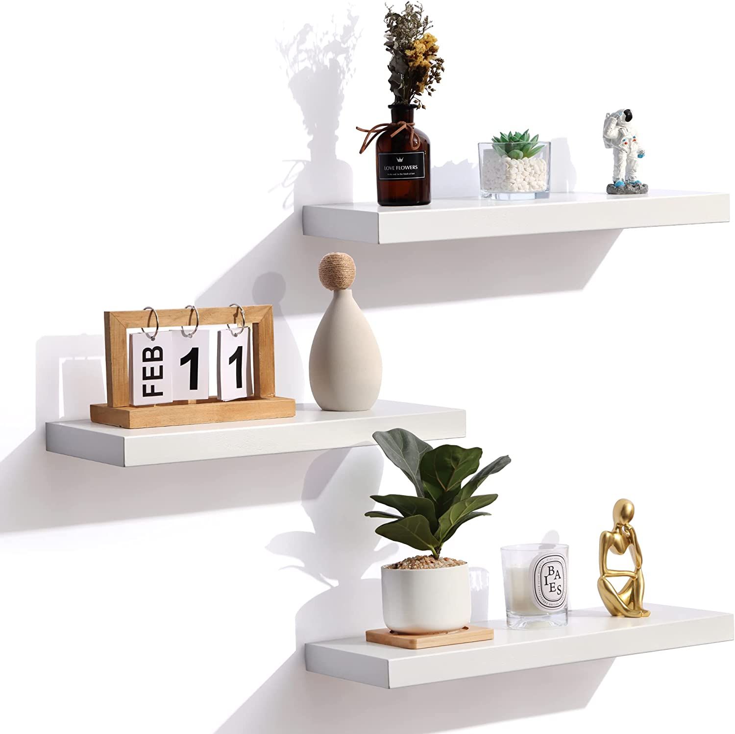 Amazon.com: Floating Shelves,White Solid Wood Wall Shelves with Invisible Brackets Set of 3, Wall... | Amazon (US)
