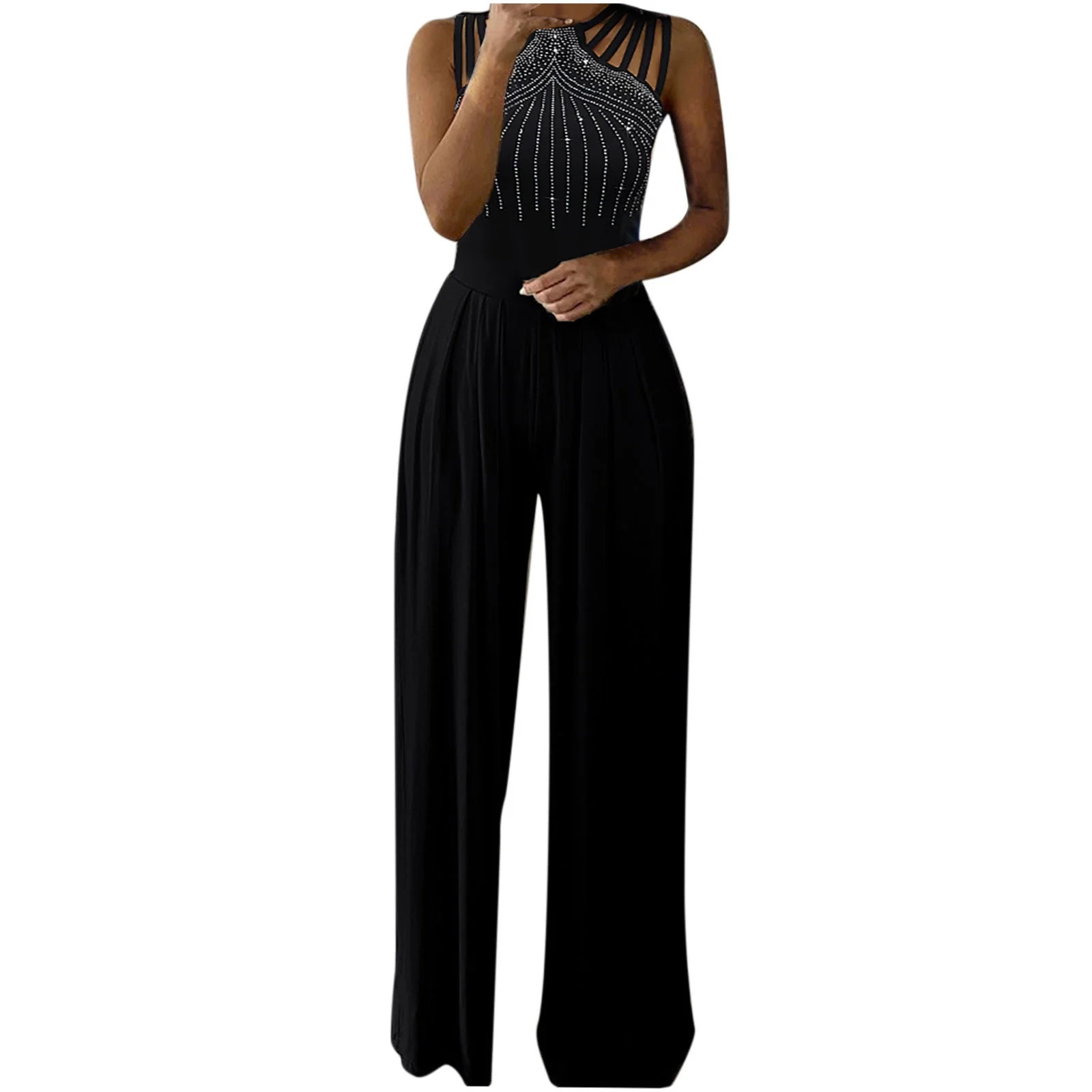 Women's Sequin Sleeveless Summer Jumpsuits Cold Shoulder Elegant Sparkle Rhinestone Wide Leg Long... | Walmart (US)