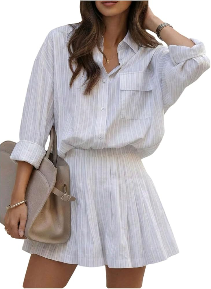 SOLY HUX Women's Striped Two Piece Set Button Down Long Sleeve Matching Shirt and Shorts Summer O... | Amazon (US)