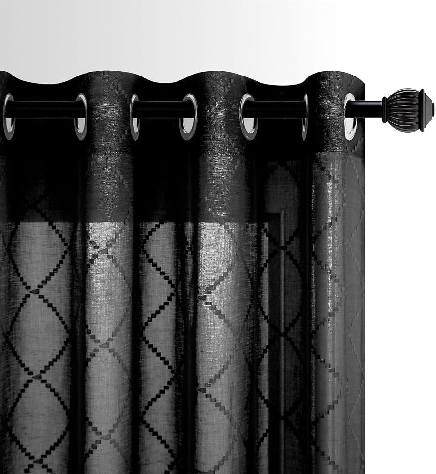 KOUFALL Black Curtains 63 Inch Length for Bedroom 2 Panels Set Sheer Grommet Window Geometric Lac... | Amazon (US)