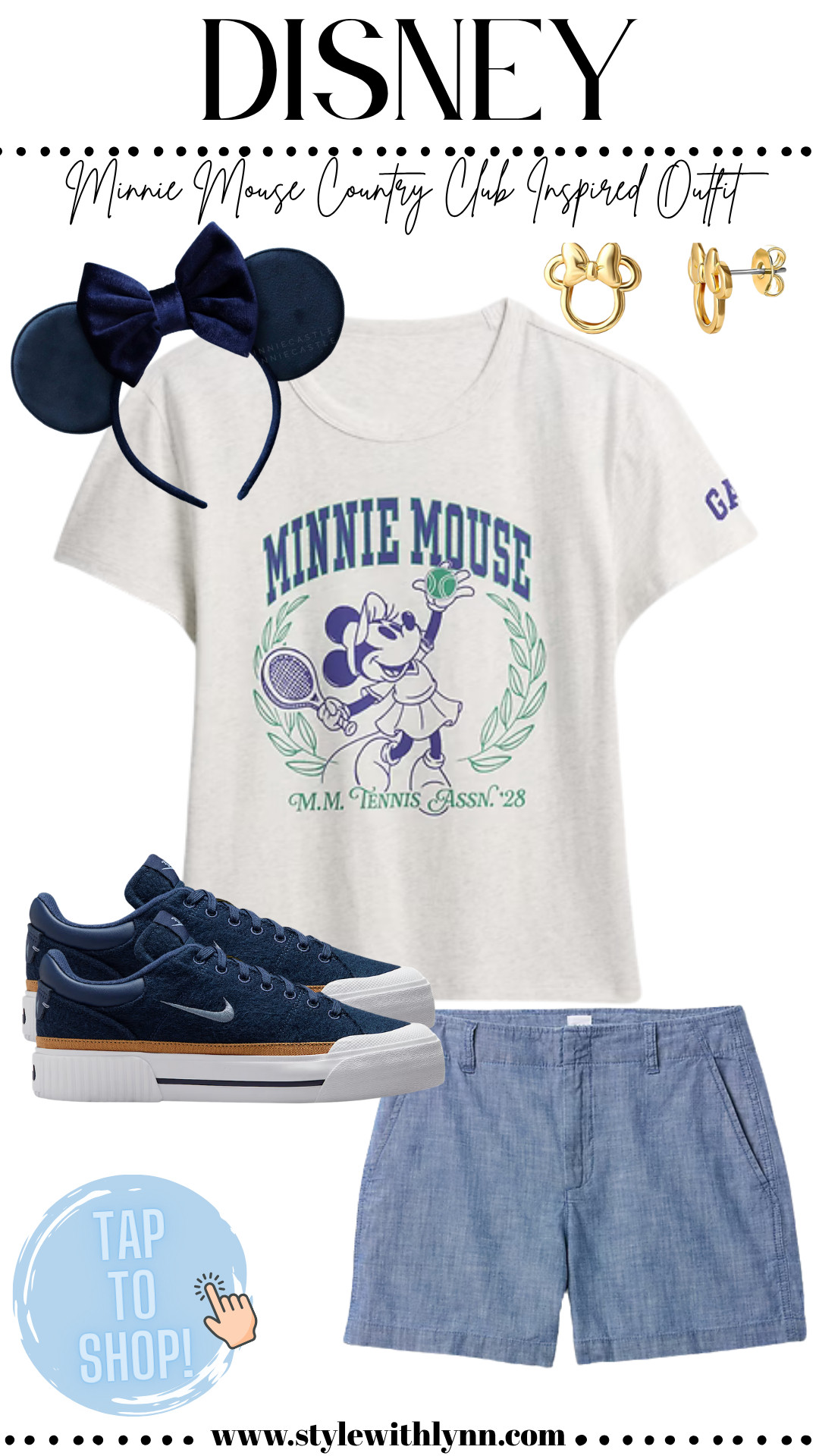 Serve up style with this preppy Disney-inspired outfit, perfect for park days or casual summer outings. Featuring a vintage-style Minnie tennis tee, comfy chambray shorts, navy Nike sneakers, and the cutest velvet Minnie ears – this look blends sporty chic with magical flair. Don’t forget those dainty gold Minnie earrings for the perfect finishing touch! 🎾🏰💙

🛍️ Tap to shop this full Disney outfit and channel your inner clubhouse queen!
#DisneyOutfit #MinnieMouseStyle #DisneyParksFashion #DisneyStyleInspo #LTKDisney #LTKOutfitInspo #StyleWithLynn #DisneyOOTD #DisneyCasualStyle #CountryClubAesthetic #ShopTheLook 

 