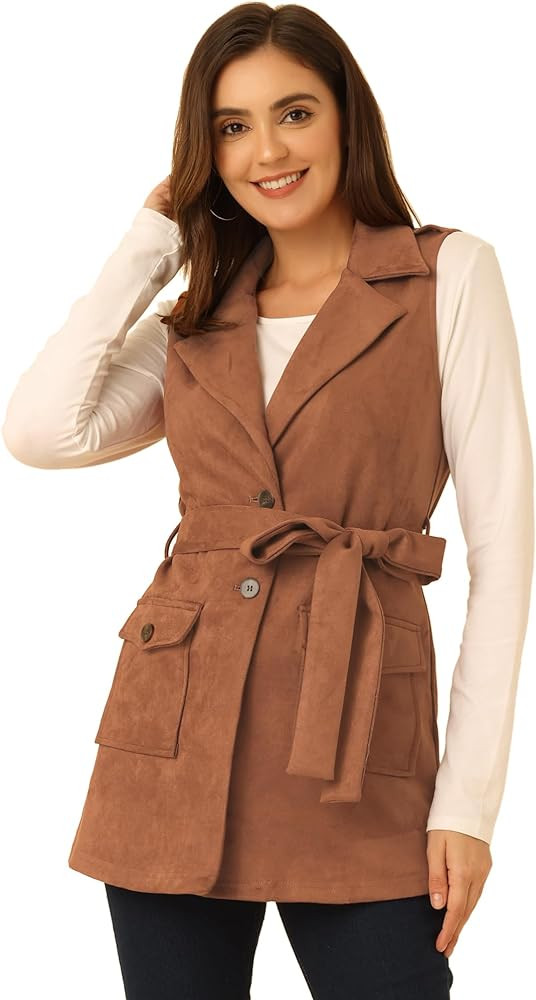 Allegra K Women's Lapel Single Breasted Tie Belt Work Sleeveless Faux Suede Vest Jacket | Amazon (US)