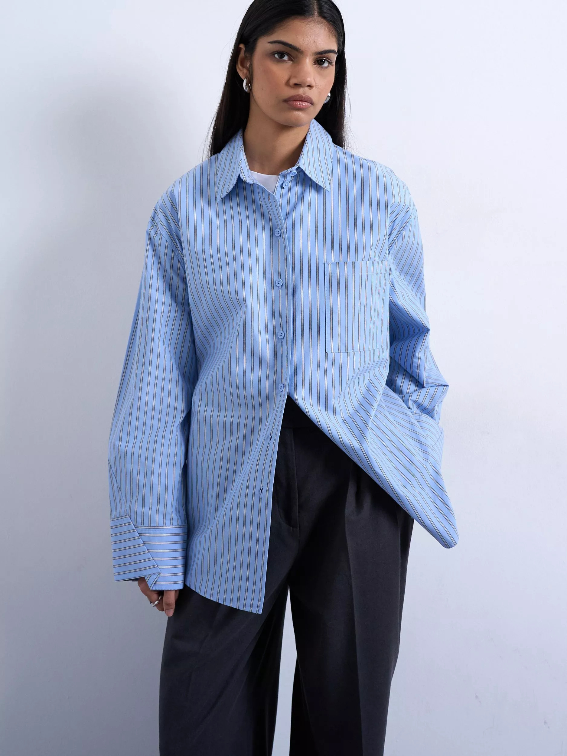 Topshop Stripe Oversized Shirt, Blue | John Lewis (UK)