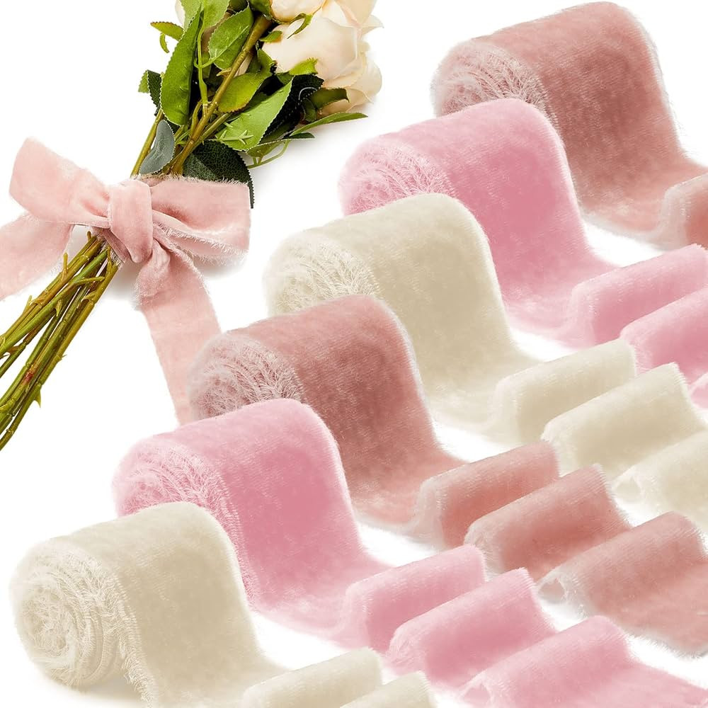 6 Rolls Velvet Ribbon 2 Inch x 6.6 Yard Pink Silk Velvet Ribbon Frayed Fringe Velvet Ribbon for W... | Amazon (US)