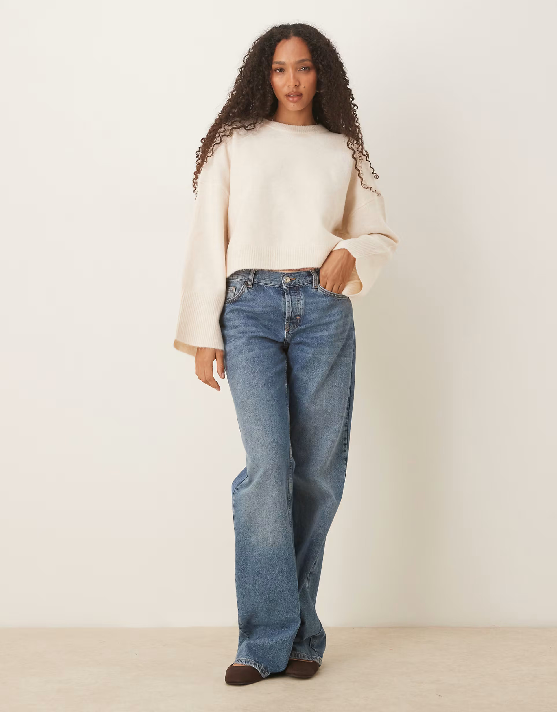 ASOS DESIGN crew neck boxy jumper with wide cuff in cream | ASOS (Global)