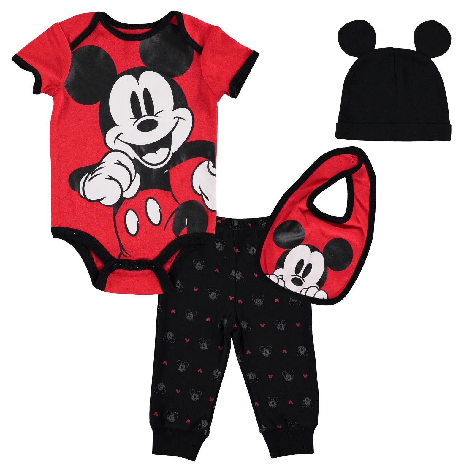 Disney Mickey Mouse Newborn Baby Boys Bodysuit Jogger Pants Bib and Hat 4 Piece Outfit Set Newbor... | Walmart (US)