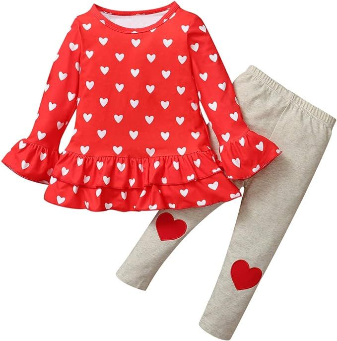 Toddler Girl Valentine's Day Clothes Heart Print Set Ruffle Dress Tops Long Sleeve Shirts Heart P... | Amazon (US)