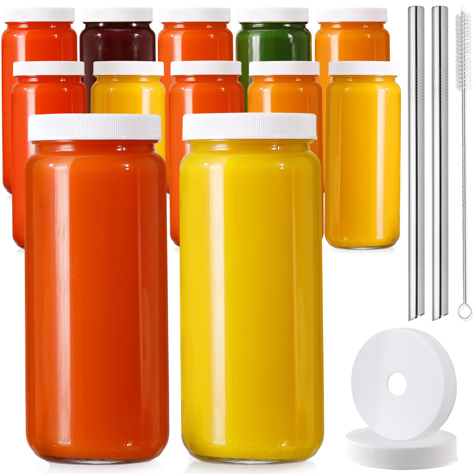 12 PACK, 16 OZ Glass Juice Bottles with Airtight Lids, Bonus 2 Straws & Perforated Lids, Reusable... | Amazon (US)