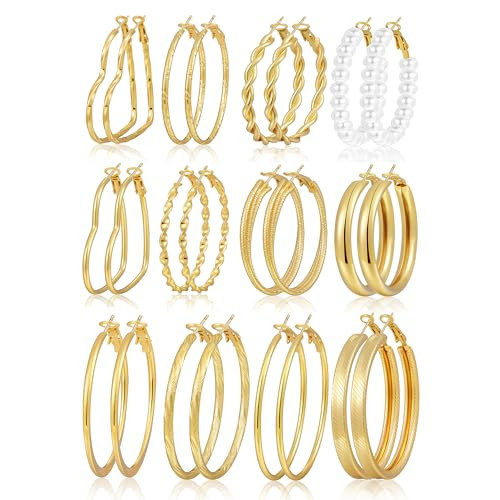 12 Pairs Gold Hoop Earrings for Women Trendy, Gold Plated Lightweight Dainty Big Classics Hypoallergenic Stack, Thick Open Twisted Huggie Hoops Earring Set | Amazon (US)