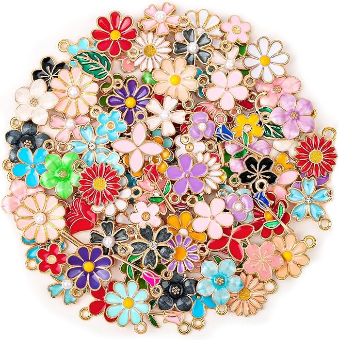 100Pcs 50 Pairs Flower Charms for Jewelry Making, Wholesale Assorted Enamel Mixed Bulk Metal Earr... | Amazon (US)