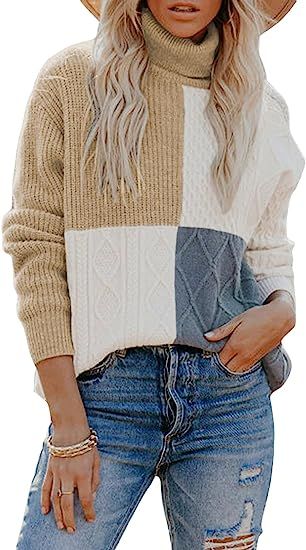 AlvaQ Women Color Block Turtleneck Sweaters for Women Long Sleeve Cable Knit Pullover Jumper Tops... | Amazon (US)