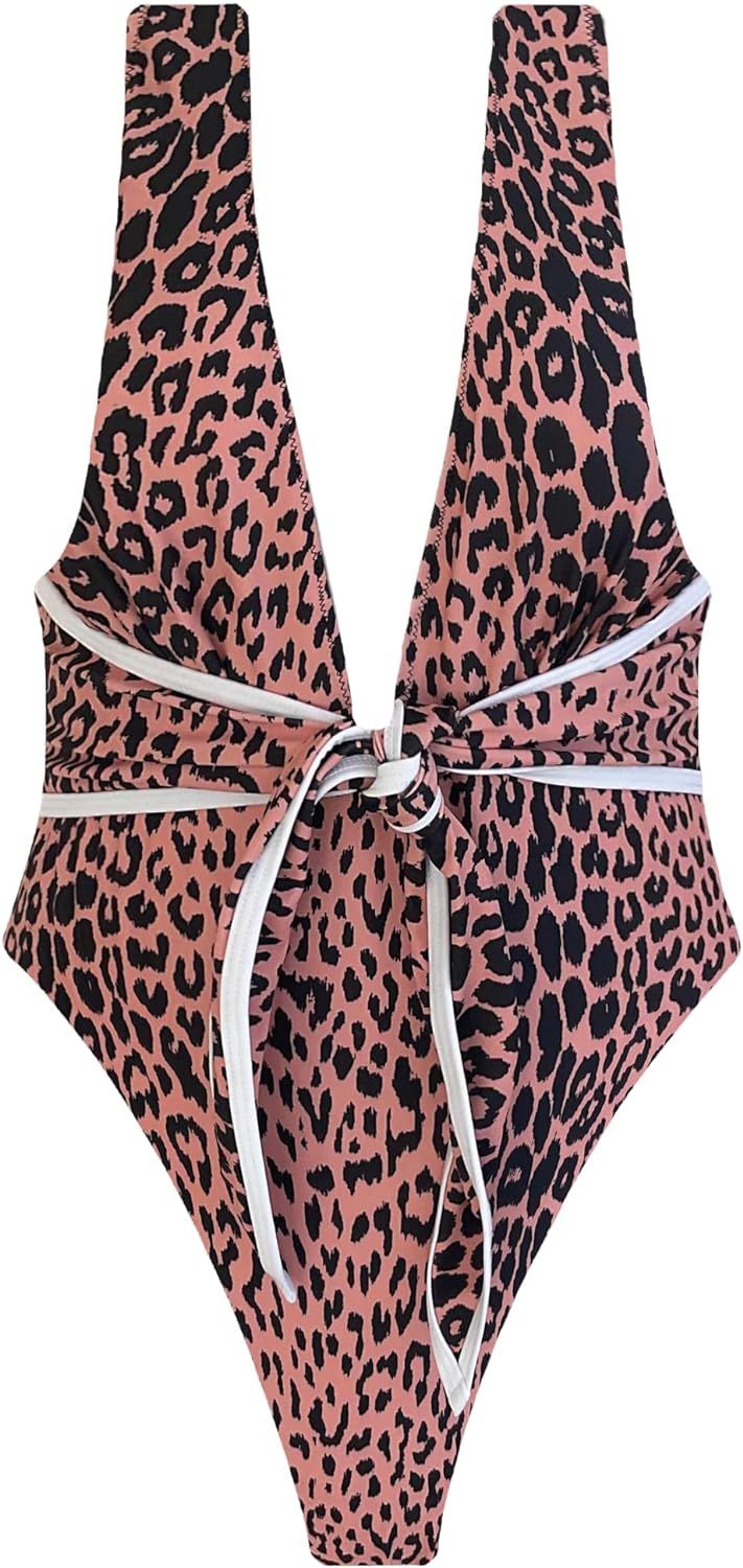 Hilinker Women's Tie Bow One Piece Swimsuit Deep V Neck Tummy Control Bathing Suit | Amazon (US)