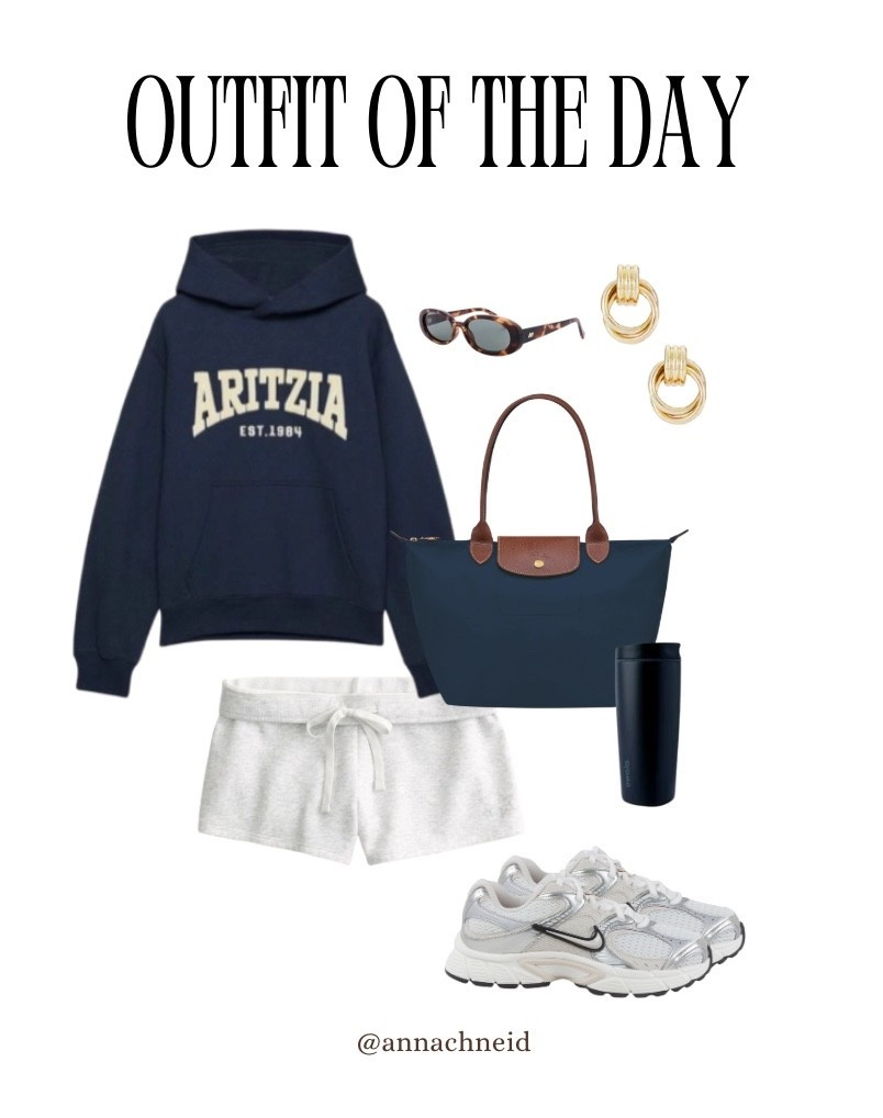 Back to school outfit idea: aritzia hoodie, hollister grey short mid rise shorts, long champ tote bag, Nike chunky shoes

#LTKPetite #LTKSeasonal #LTKFindsUnder100