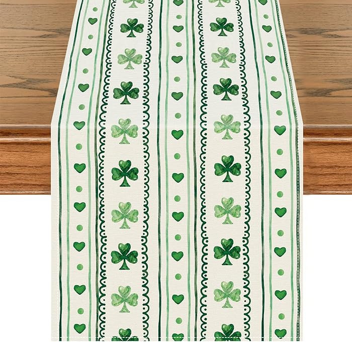 St. Patrick’s Day Table Runner 13x72 Inch, Green Shamrock Love Heart Stripe Seasonal Spring Hol... | Amazon (US)
