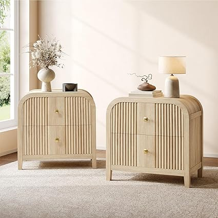 Set of 2 Modern 2-Drawer Nightstand with Wave-Fluted Front & Curved R-Angle Top, Thickened Wood B... | Amazon (US)