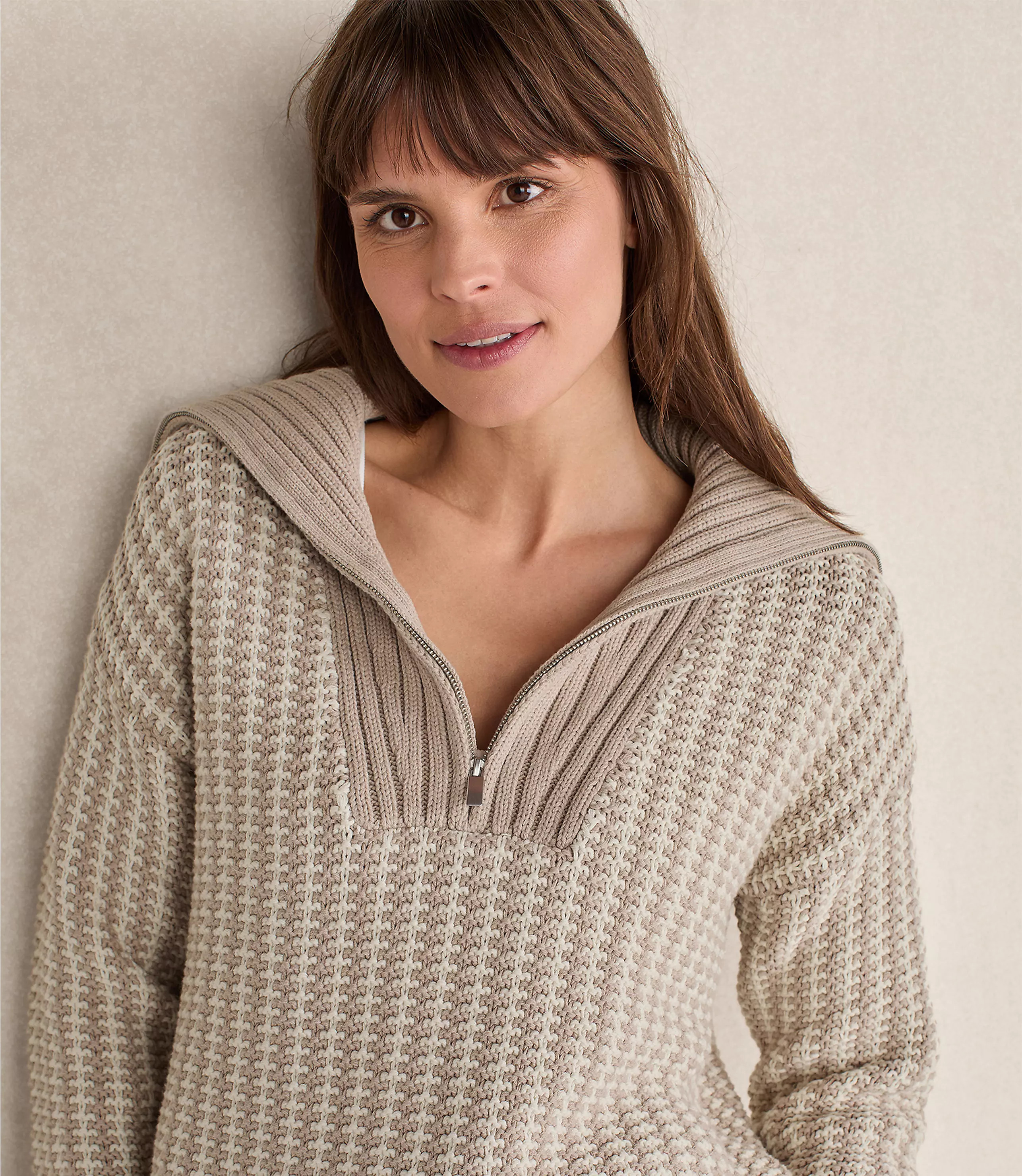 Haven Well Within Cotton Blend Contrast Stitch Half Zip Sweater | LOFT