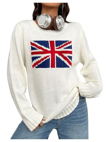 SweatyRocks Women's Flag Pattern Long Sleeve Round Neck Sweater Casual Loose Pullover Sweater Solid Beige Small | Amazon (US)