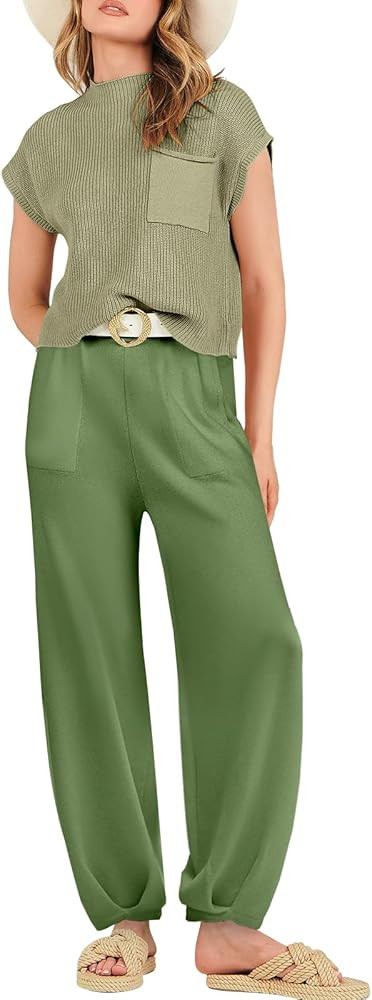 ANRABESS Women's Two Piece Outfits Sweater Sets Knit Pullover Tops and High Waisted Pants Tracksu... | Amazon (US)