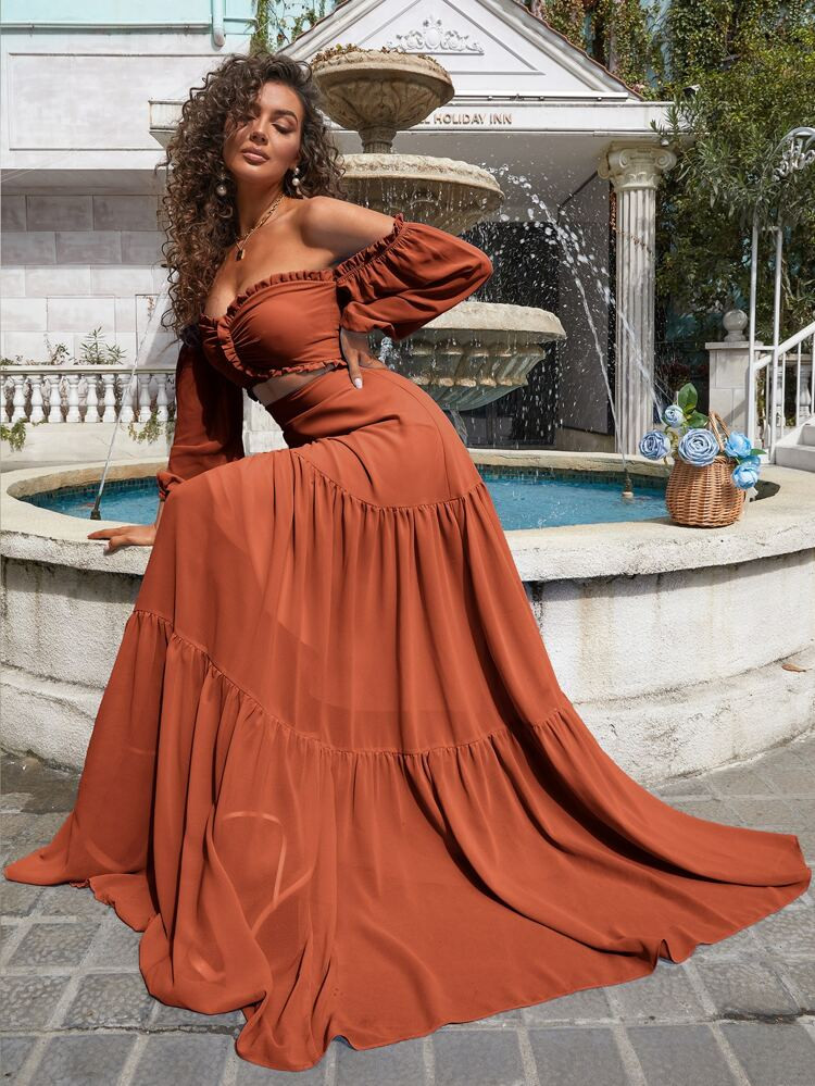 Missord Off Shoulder Lantern Sleeve Frill Trim Cut Out Maxi Dress | SHEIN