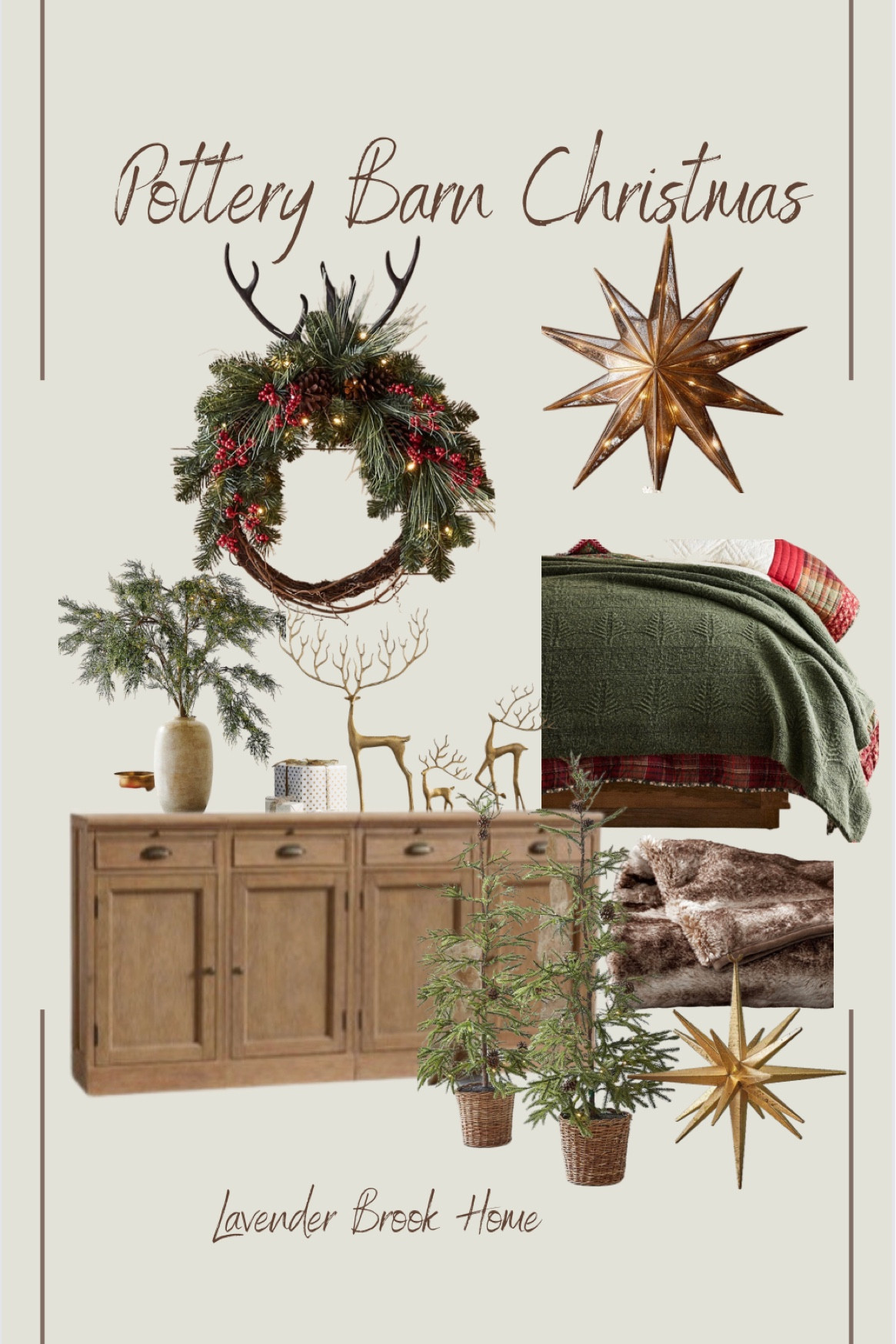 Pottery Barn Collection: winter and holiday  cozy home decor finds from Pottery Barn , bedding, wreath, sideboard, star tree topper, accent trees, gold stags, pine stems, faux fur blankets. 

#LTKSeasonal #LTKHoliday #LTKHolidaySale