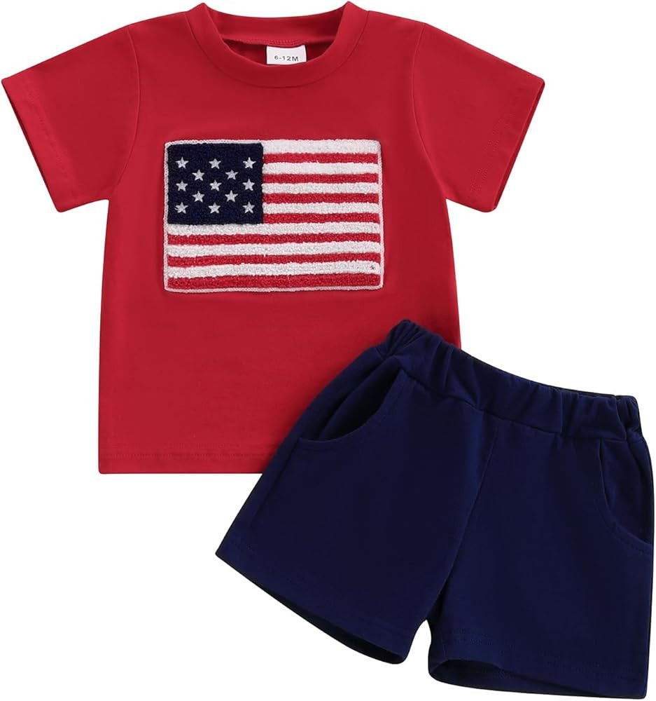 4th of July Baby Boy Outfit American Flag Embroidery Short Sleeve T-Shirt and Shorts Set Toddler ... | Amazon (US)