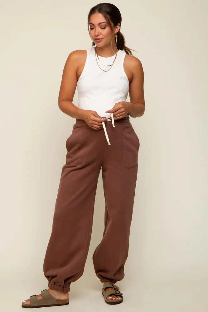 Brown Drawstring Maternity Relaxed Fit Sweatpants | PinkBlush Maternity
