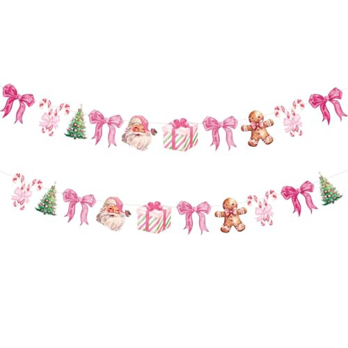 Oudain 2 Pack Pink Christmas Paper Garland Christmas Tree Santa Gingerbread Man Candy Cane Pink Bow Hanging Bunting Banner Flags for Xmas Party Snow Winter Decorations Birthday Home Office Decor | Amazon (US)