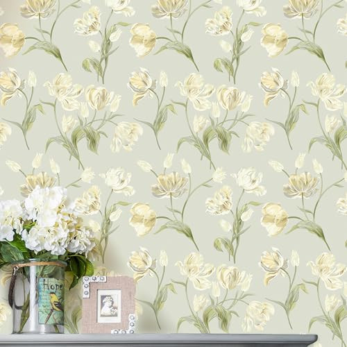 Micpolo Green Floral Peel and Stick Wallpaper Boho Floral Wallpaper for Bedroom/Bathroom Vintage Contact Paper for Shelves/Cabinets Tulip Removable Self-Adhesive Decor Wall Vinyl 17.3" x 118" | Amazon (US)
